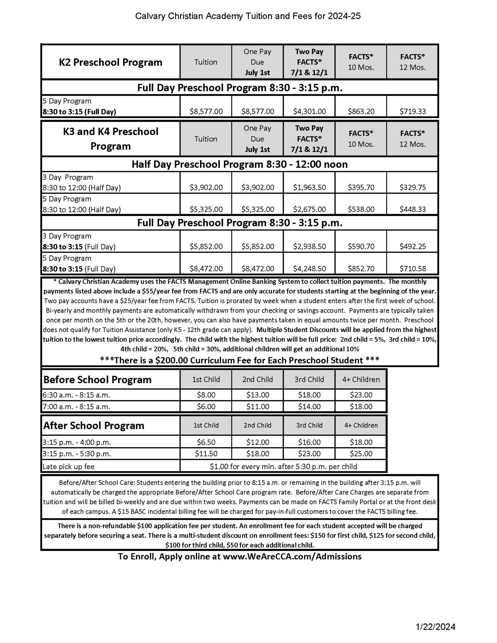 Tuition & Fees Preschool We Are CCA